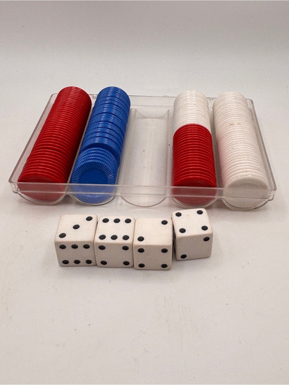 Vintage Lot Of 154 Clay Ridged Poker Chips Assorted Red White Blue 4 Dice Holder